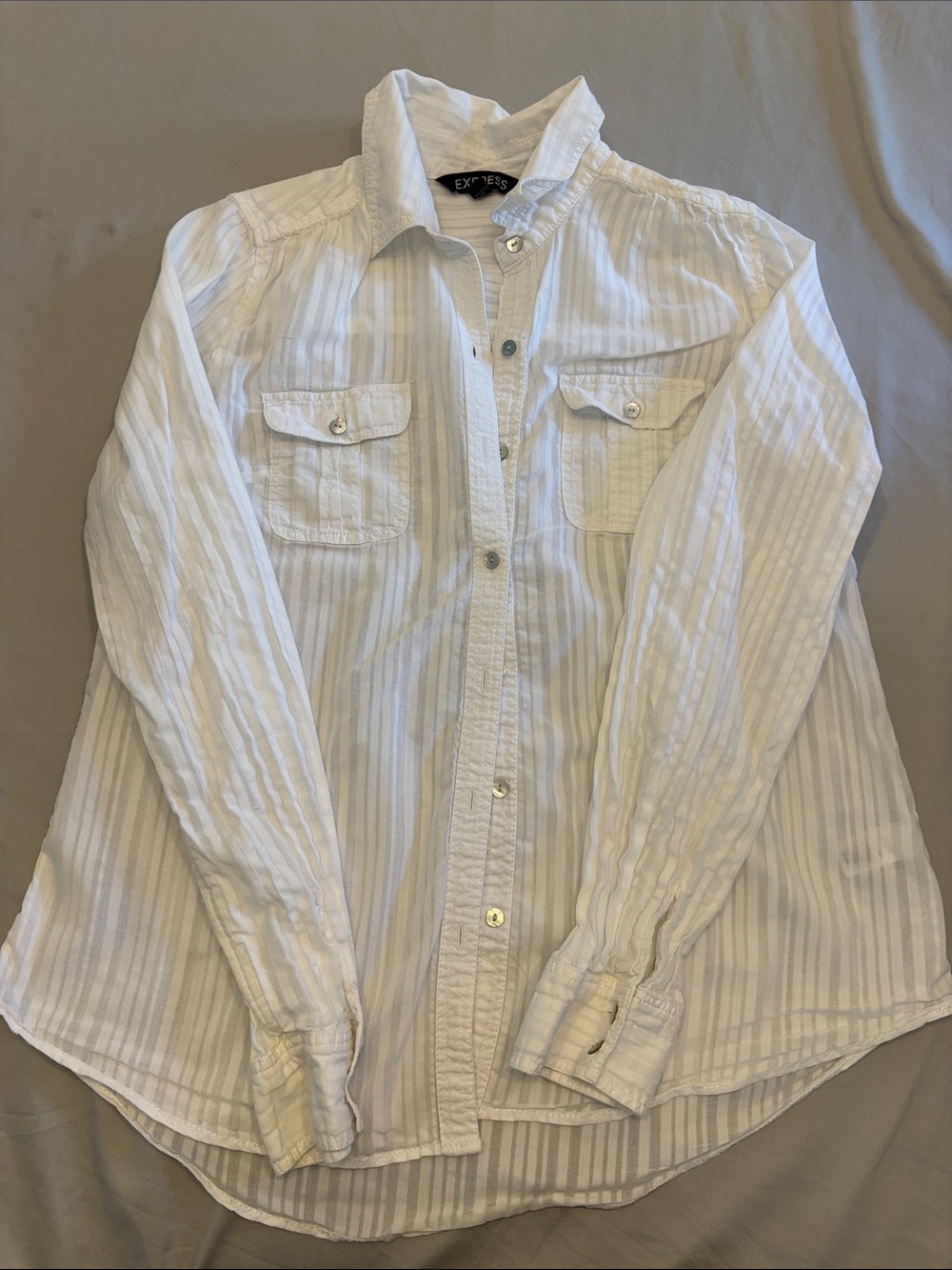 Express White Striped Casual Button-Down Shirt with Chest Pockets